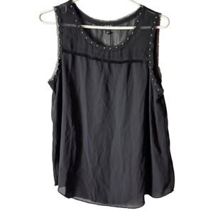 A.N.A Womens Black Sleeveless Fringe Blouse With Gold Tone Jewel Beads  Size M